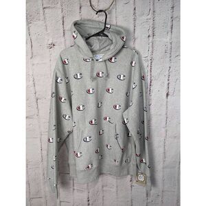 Champion Logo All Over Reverse Weave Hoodie Sweatshirt Gray XL Extra Large New R